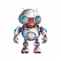 Watercolor Robot with Large Eyes and Detailed Mechanical Features