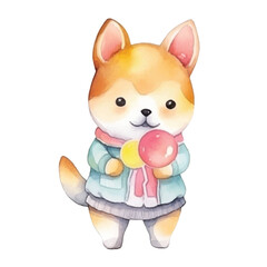 Naklejka premium Watercolor Shiba Inu in Jacket Holding Two Colorful Balloons