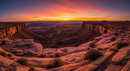 Vibrant sunset over a vast canyon landscape with rocky cliffs