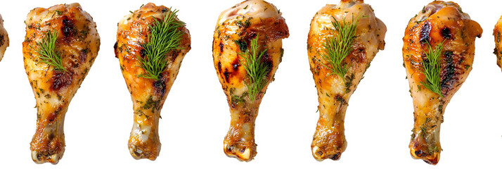 Perfectly roasted chicken drumsticks with fresh dill on a dark background display