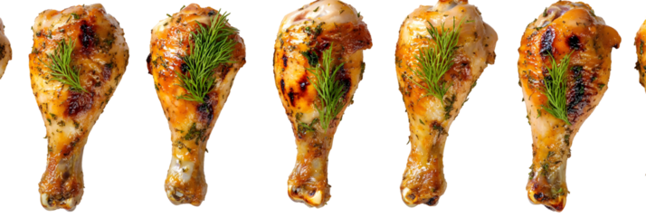 Perfectly roasted chicken drumsticks with fresh dill on a dark background display