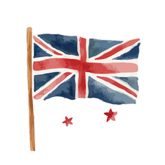 Watercolor Union Jack Flag with Two Stars and Wooden Pole