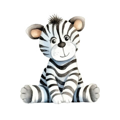 Watercolor Zebra Cub with Fuzzy Mane Sitting Upright Front View