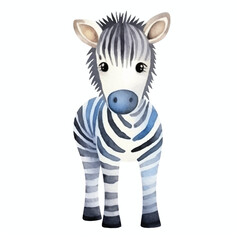 Watercolor Zebra Illustration with Blue and Gray Stripes Standing Front View