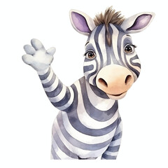 Watercolor Zebra Offering a Friendly Wave with Striped Body and Smiling Expression