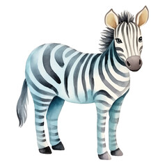 Watercolor Zebra Standing Showcasing BlueTinted Stripes and Detailed Features