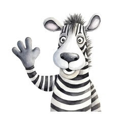 Watercolor Zebra Waving with a Friendly Expression and Striped Body