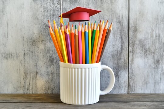 Graduation Cap Above Colorful Pencils in Mug Against Rustic Gray Wood Backdrop
