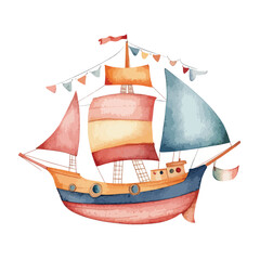 Whimsical Watercolor Pirate Ship with Colorful Sails and Decorative Pennants