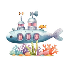 Whimsical Watercolor Submarine with Coral Reef and a Small Goldfish