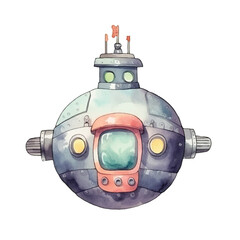 Whimsical Watercolor Submarine with Red Flag and Unique Details Front View