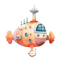 Whimsical Watercolor Submarine with Tower and Portholes in Orange and Blue
