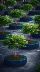 Urban greenery in circular planters