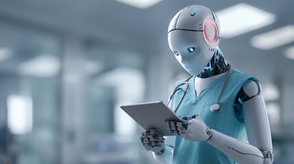 humanoid robot in medical scrubs or checking a tablet in a hospital setting, 16:9