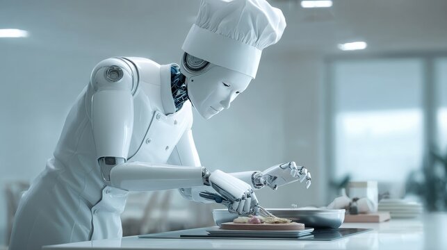humanoid robot dressed in a white chef’s uniform, preparing food on a minimalist kitchen counter, 16:9