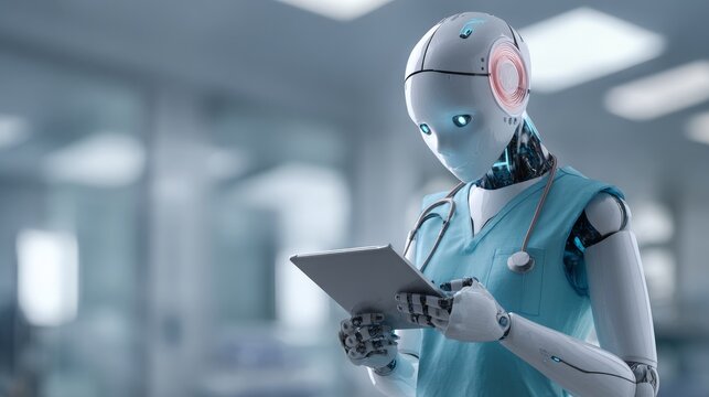 humanoid robot in medical scrubs or checking a tablet in a hospital setting, 16:9