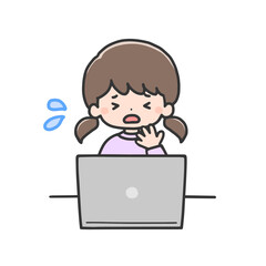 パソコンの前で困った表情をする女の子