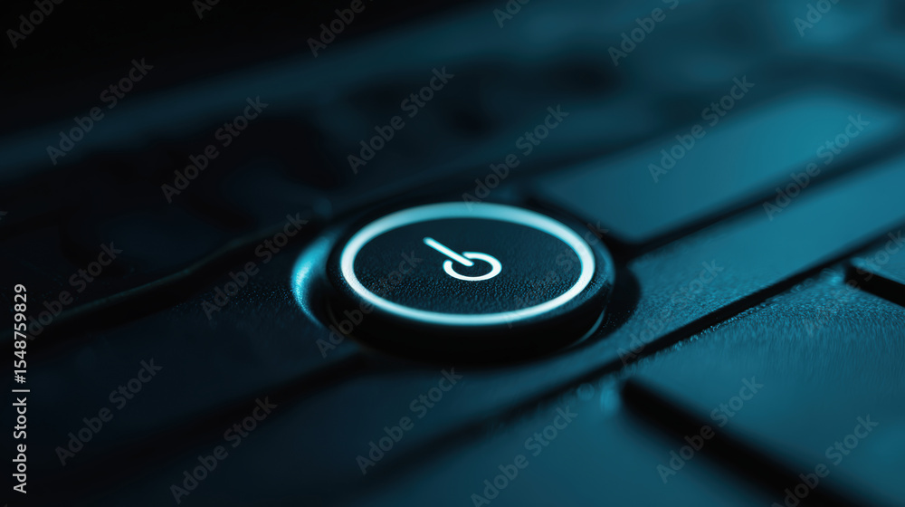 Poster close-up of a sleek black power button on an electronic device, illuminated with a soft blue light.