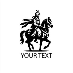 Fototapeta premium Muslim Hero on Horse Vector Logo in Black and White Isolated on White Background