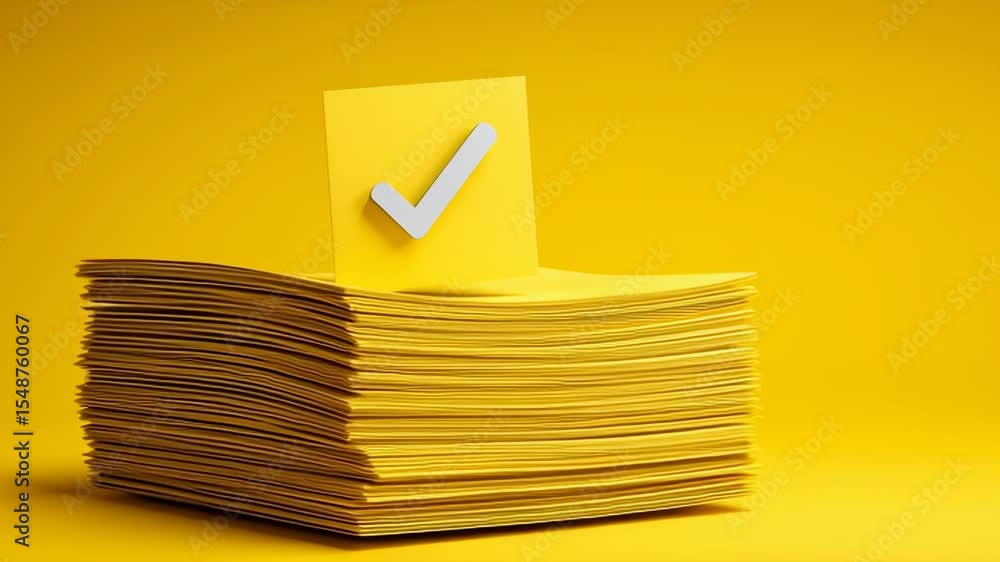 Poster yellow paper stack with checked note above, representing organization, validation, and success in co