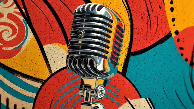 Vintage Microphone on Bright Colorful Abstract Background with Bold Patterns and Artistic Touches for Creative Music and Entertainment Projects