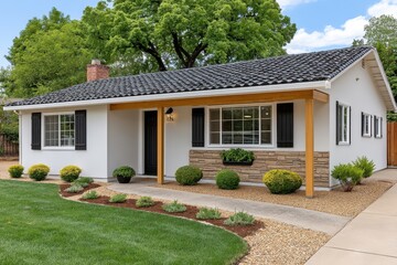 Charming Single Story Home with White Facade Black Shutters and Stone Accents