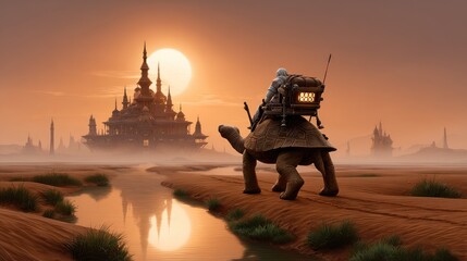 Tortoise traveler fantasy landscape