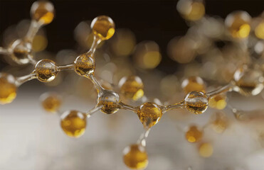 gold oil molecule, atomic structure shiny glass, abstract concept of medical, drops, science, technology energy, laboratory, chemical reaction,Cosmetic moisturizer essence, health care and beauty skin
