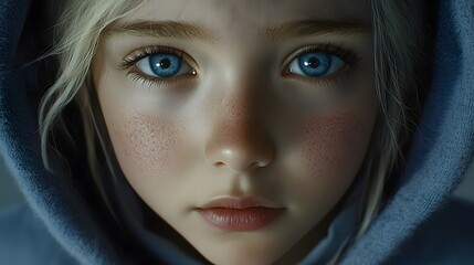 Close-Up Portrait of a Child with Blue Eyes and Natural Beauty