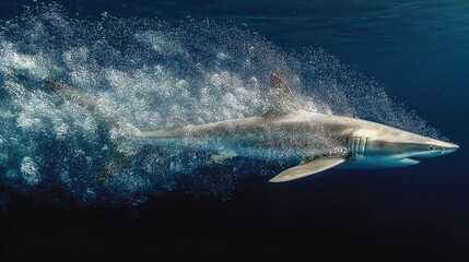 Fototapeta premium A burst of bubbles trails behind a fast-moving shark slicing through the ocean