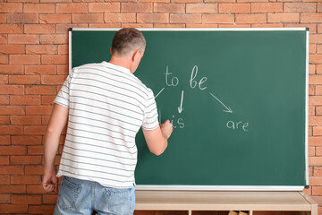 Male teacher writing English grammar on blackboard in classroom, back view