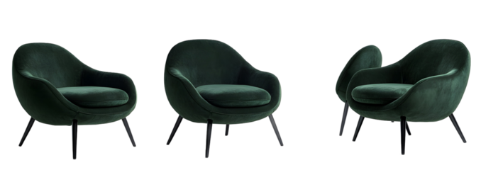 Elegant dark green velvet armchairs studio shot on black background for modern design