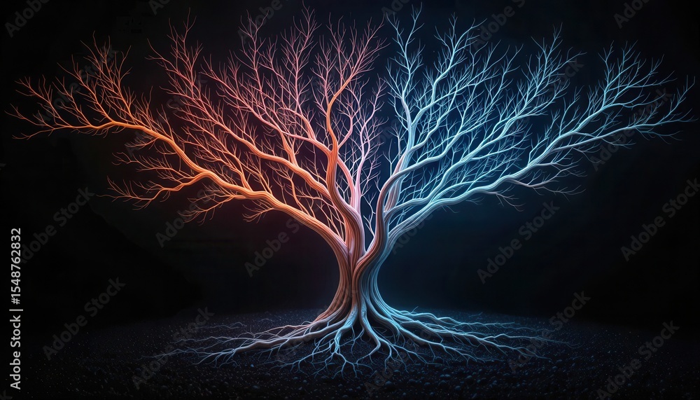 Poster artistic representation of a tree with contrasting colors for digital backgrounds