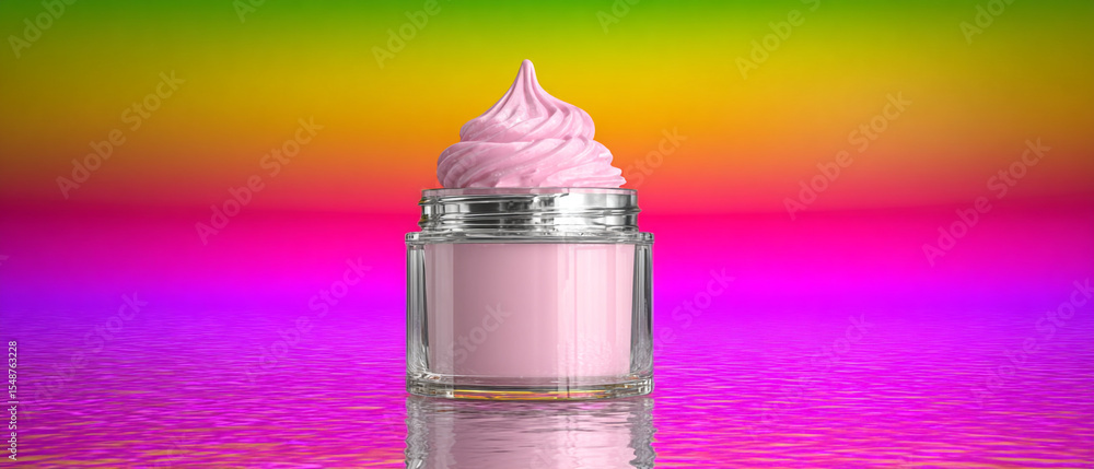 Poster a jar of pink cream with a swirl on top against a vibrant colorful gradient background and reflectio
