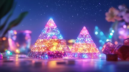 Glowing Geometric Christmas Trees in a Night Scene