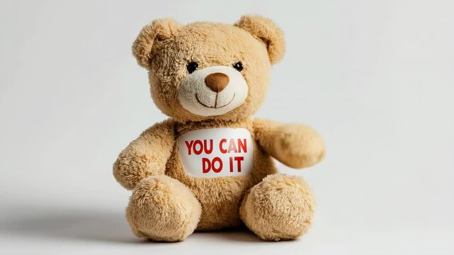 Cute brown teddy bear with smile and motivational message "You can do it" on white background, soft toy