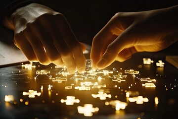 Collaborative design, hands connecting glowing puzzle pieces