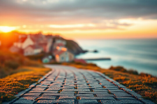Scenic Sunset Over Coastal Pathway Leading to Beach House - Powered by Adobe