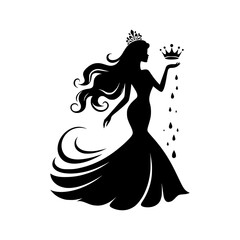 Elegant silhouette of a queen in a gown letting go of a crown