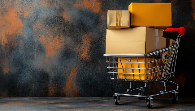 Shopping cart overloaded with delivered cardboard boxes on display