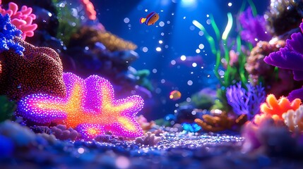 Underwater Coral Reef with Fish and Starfish Glowing in Deep Blue Sea with Pixelated Effect