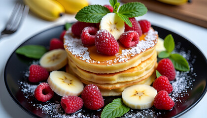 Banana coconut pancakes with fruits and berries