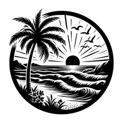 Tropical sunset beach scene black and white illustration