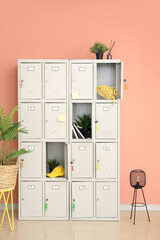 Modern locker with books and plants near pink wall