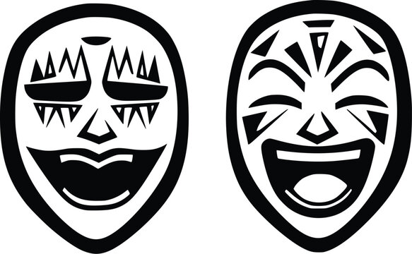 Two laughing tribal mask silhouettes, editable vector illustration, graphic design element