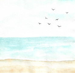 Watercolor painting nature background of blue sea, birds flying sky, cloudy, beach sand and summer seascape beautiful waves, tropical nature concept. copy space. Hand painted texture style on paper.
