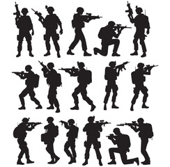 Fototapeta premium Shadow Soldiers in Action: Silhouetted figures of armed soldiers in a range of tactical stances, conveying the intensity and precision of military operations.