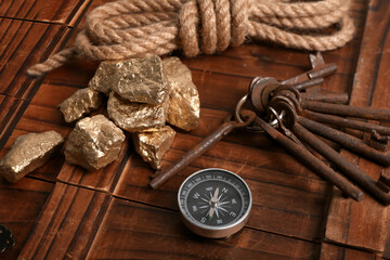 Wooden box with travel equipment and golden nuggets on black background