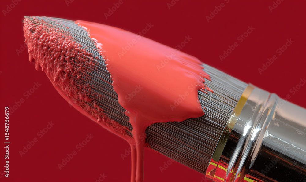 Poster a close up of a paint brush with red paint dripping against a matching red colored background view