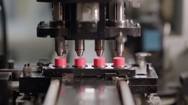 Gelatin capsules entering mechanical guide rails before being filled